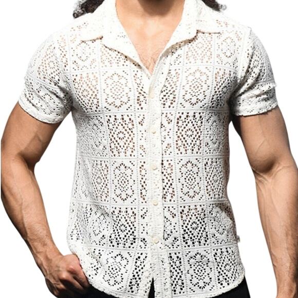 Andrew Christian Crochet Muscle Shirt Cream Medium - Picture 6 of 7